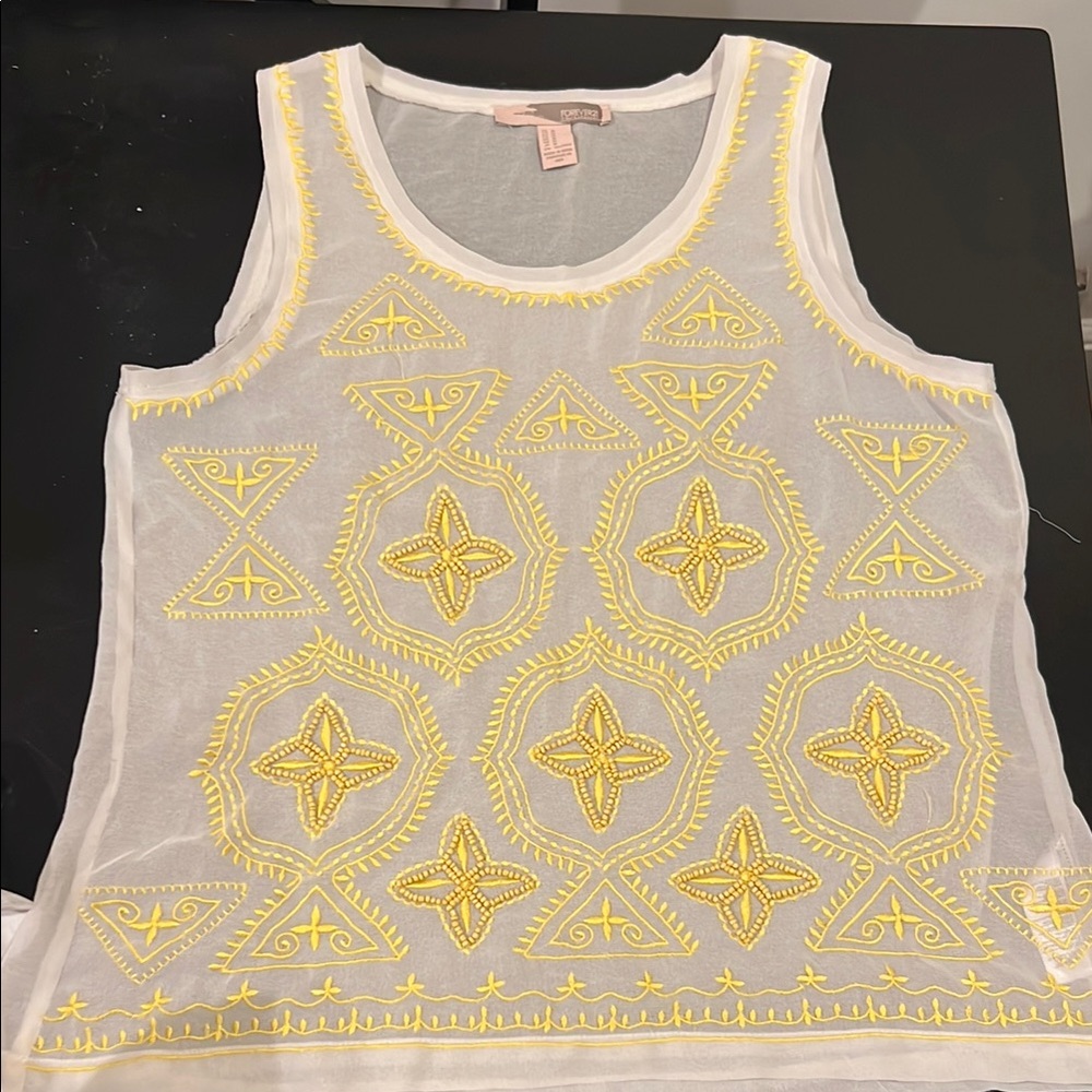 Sheer White Tank Top with Yellow Embroidered Pattern